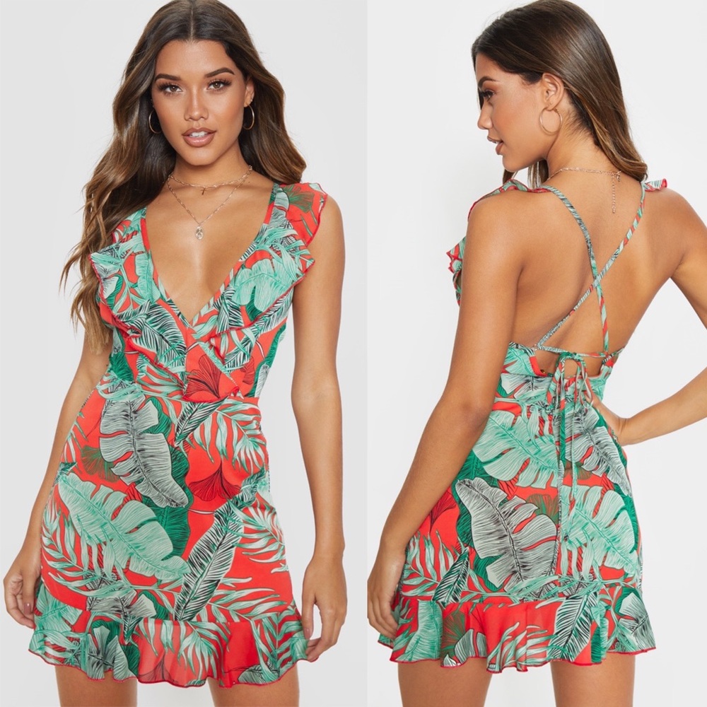 Pretty little thing Red Tropical Print Frill Lace Up Back mini Dress